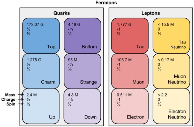 tableau fermions leptons quarks