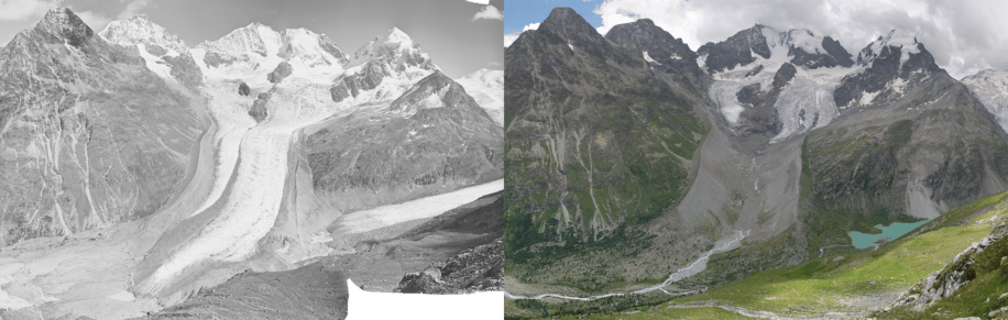 comparaison glacier suisse perte volume moitie depuis 1931