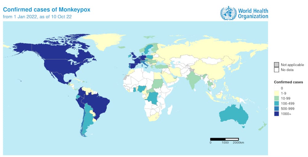 mapa mundial de casos confirmados de viruela del mono